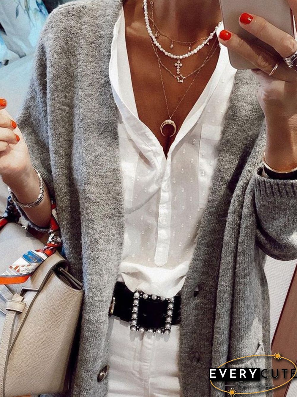 Knitting Pockets Buttoned Casual Loosen Long Sleeve Cardigan Sweater