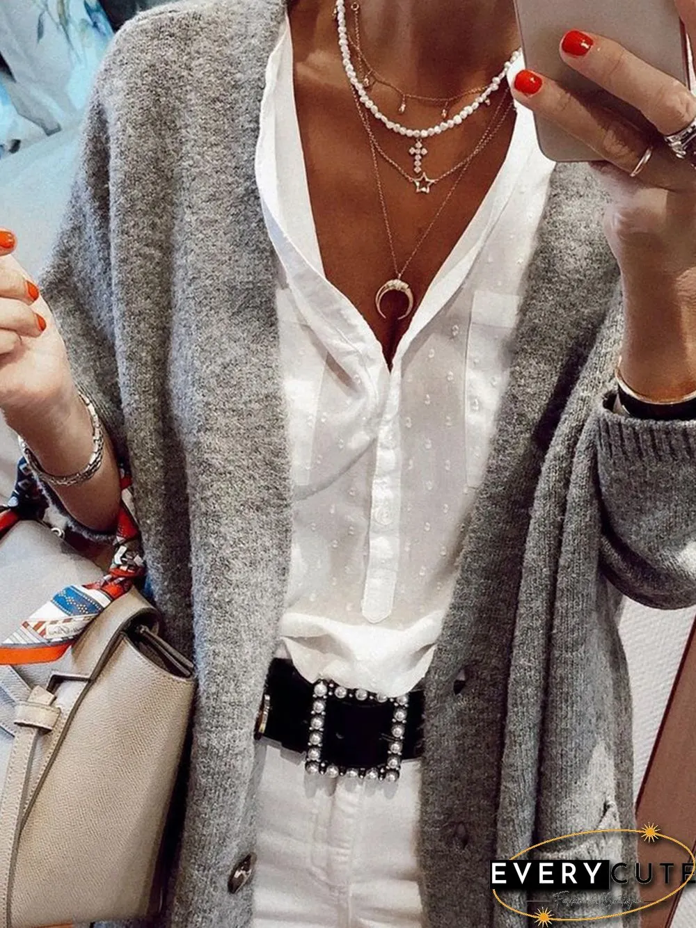 Knitting Pockets Buttoned Casual Loosen Long Sleeve Cardigan Sweater