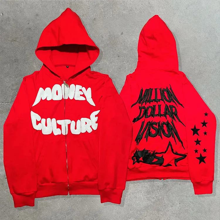 Y2K Millioim Dollar Vision Letter Star Printed Hip Hop Street Zip Hoodie  at Hiphopee