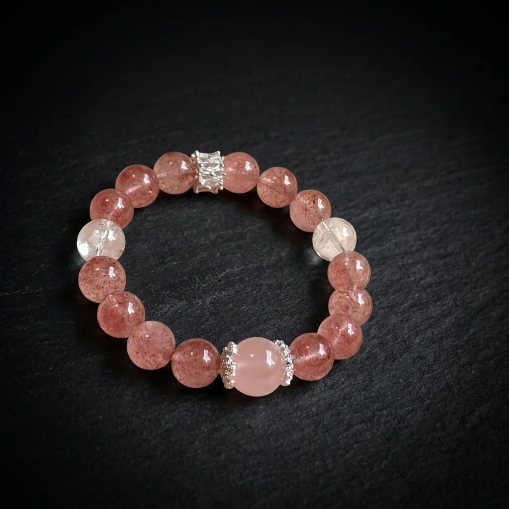 JiStones Ethereal Radiance: Handcrafted Strawberry Quartz & Rose Quartz Harmony Bracelet Blush Pink & Starlight Quartz