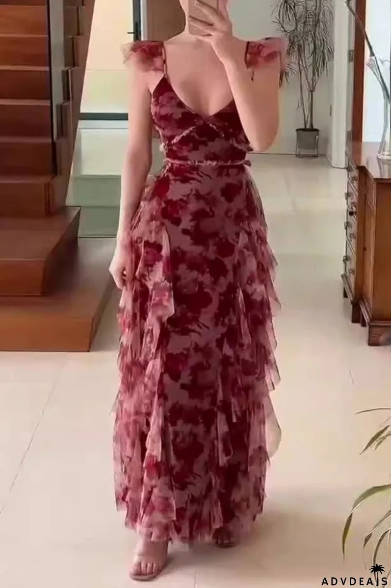 Vintage Elegant Flowers Flounce V Neck One Step Skirt Dresses