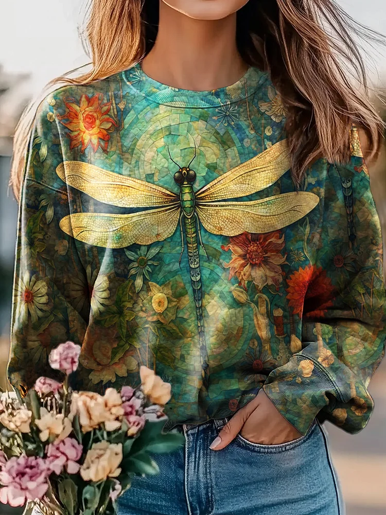 Women's Dragonfly Print Casual Crew Neck Sweatshirt