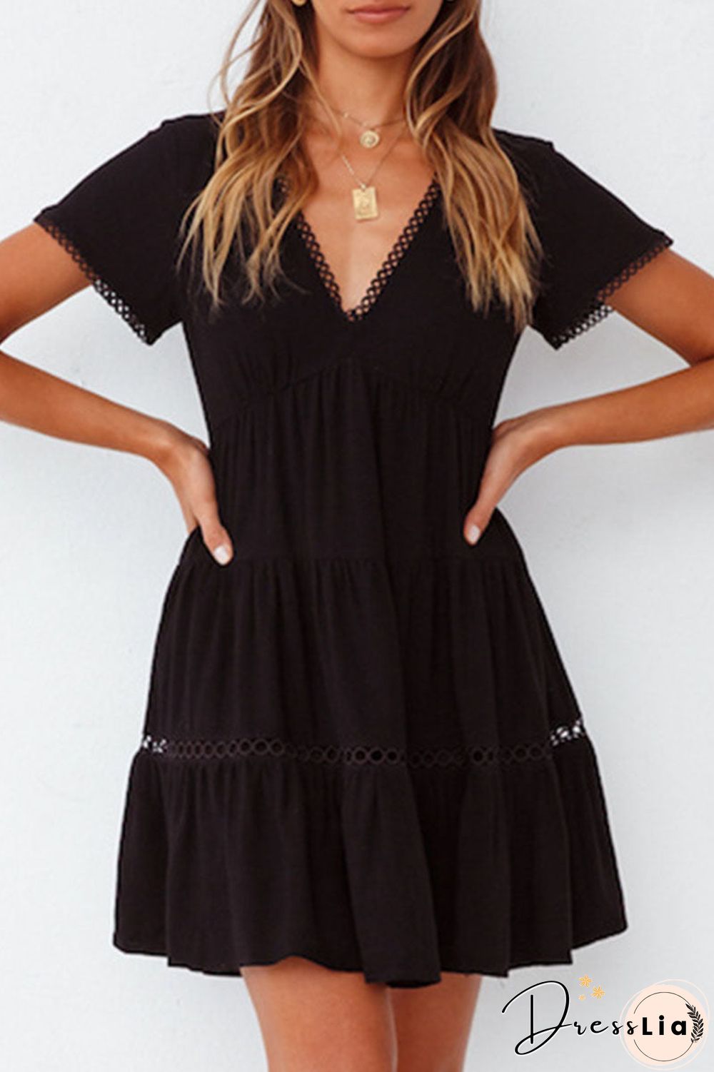 Fashion Street Solid  V Neck A Line Mini Dresses