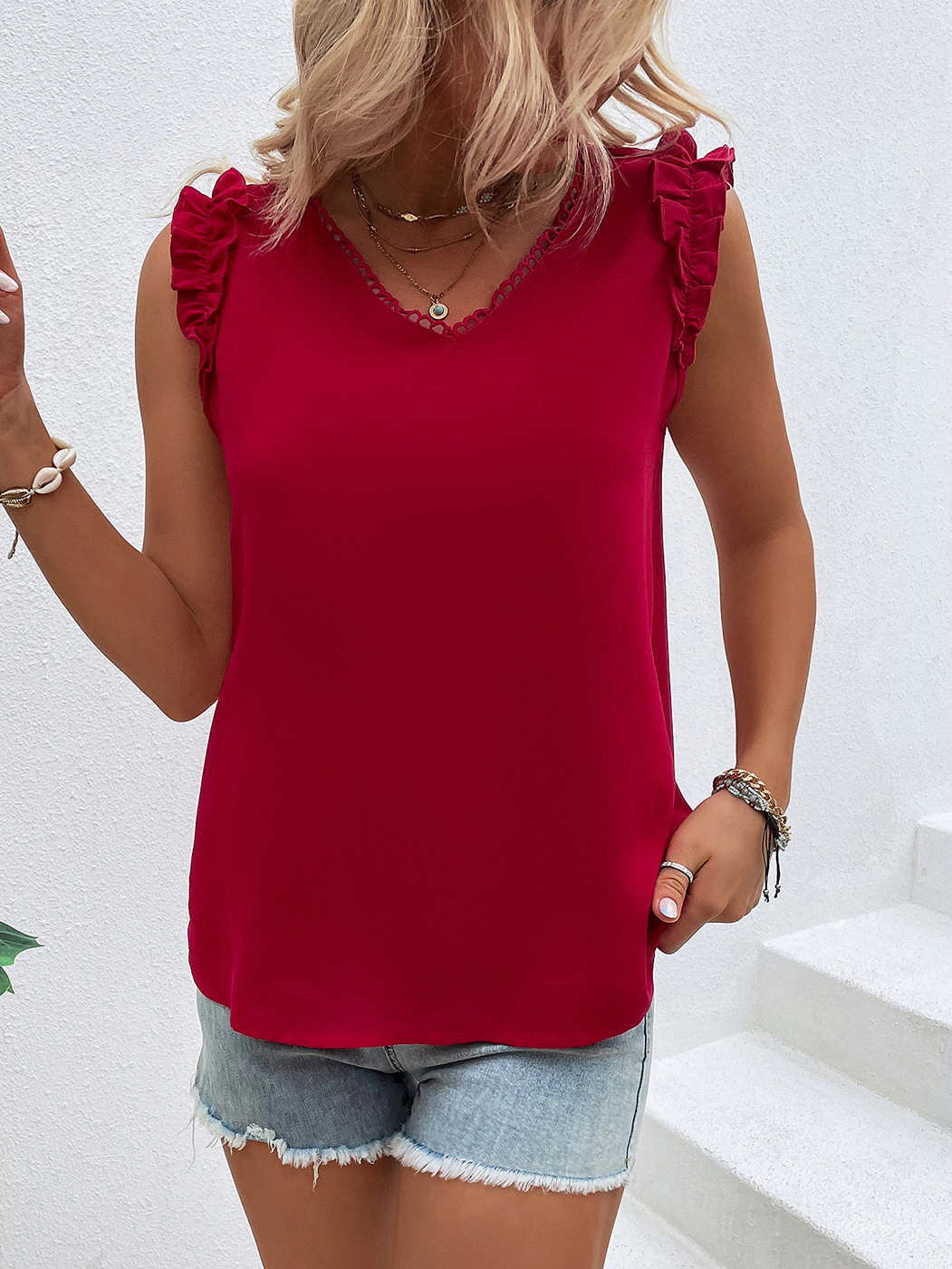 Women's Street Sleeveless Ruffle Top Women's Casual V-Neck T-Shirt