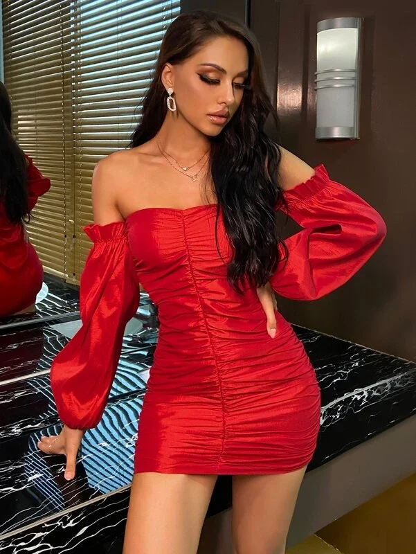 Double Crazy Off Shoulder Ruched Bodycon Dress
