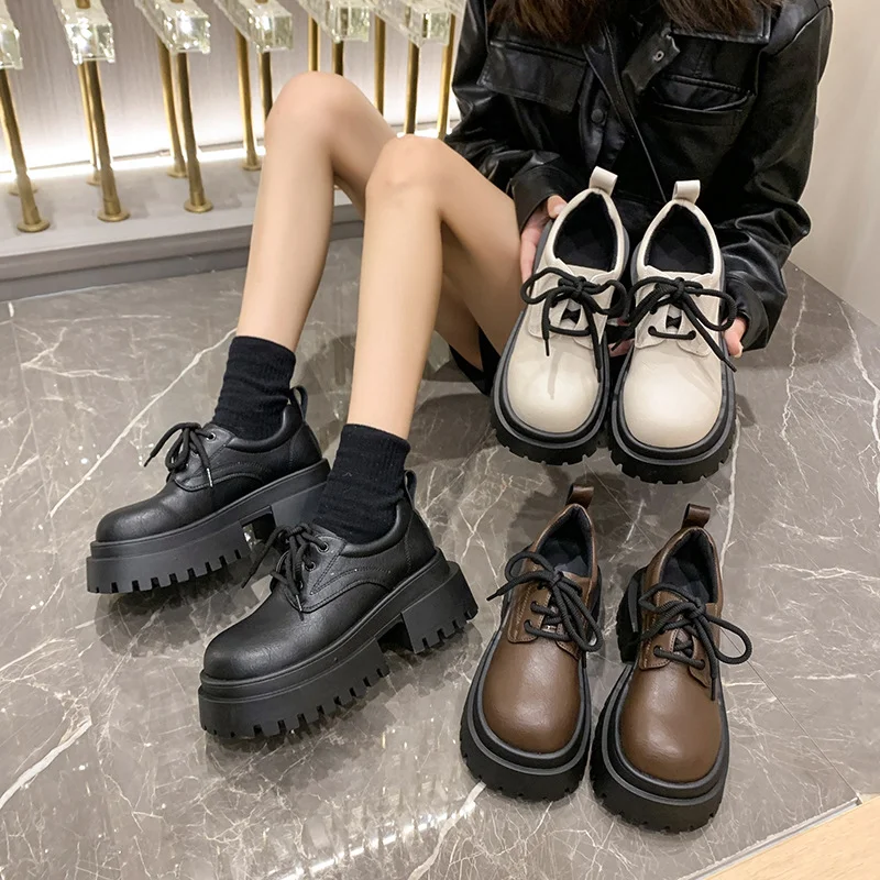 Yyvonne Women's Shoes Spring And Autumn High-End Thick-Skin Thick-Heeled Small Leather Shoes Ladies Light Mouth Retro Lace With Skirts Women's Fashion Single Shoes
