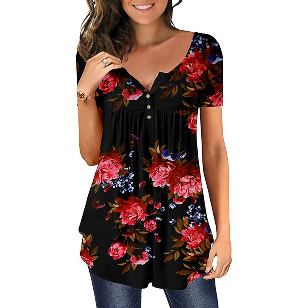 Women Floral V Neck Regular Fit Casual Tunic T-Shirt