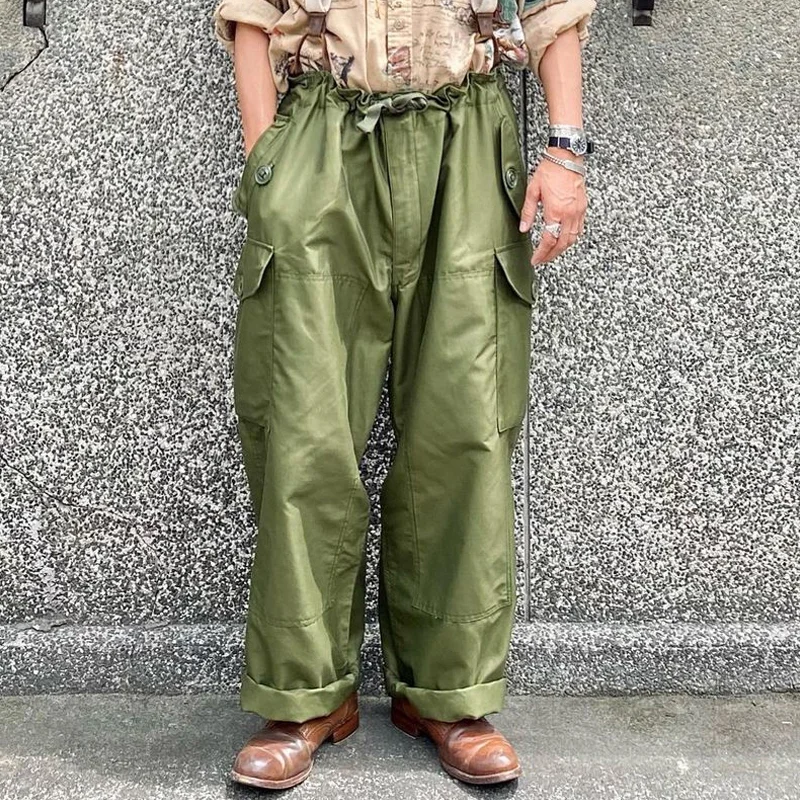 Men'S Retro Loose Solid Color Multi-Pocket Casual Trousers