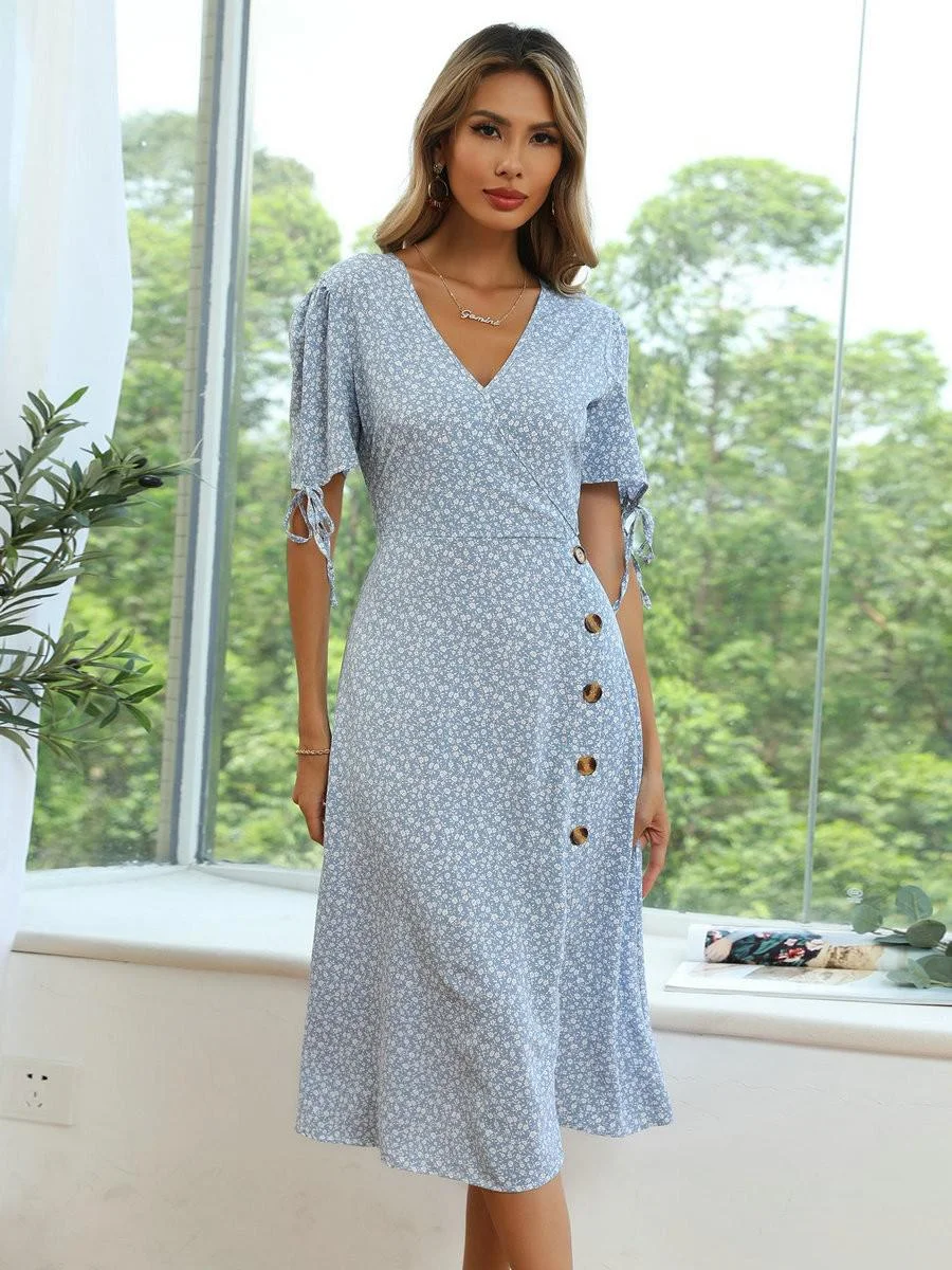 Jangj Chiffon Dress Summer 2022 New Puff Sleeve Floral V-neck Lace-up Split Dress Women Bohemian Midi A-line Dress Robe Femme