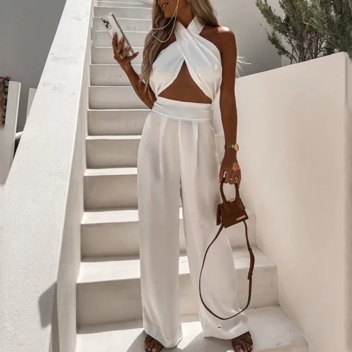 Casual solid color Halter top and Wide Leg Pants Two Set