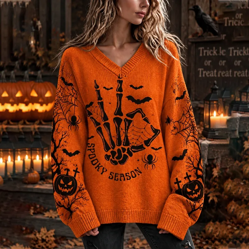 Comstylish Women's Halloween Spooky Season Skeletal Hand-knit V-neck Sweater