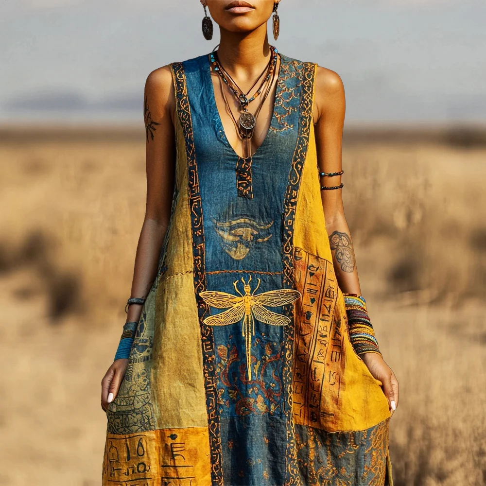 Vintage Egyptian Dragonfly Elements Women's Linen V-neck Vest Midi Dress