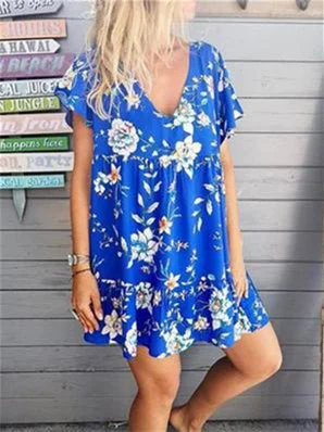 Women's Short Sleeve V-neck Floral Printed Midi Dress