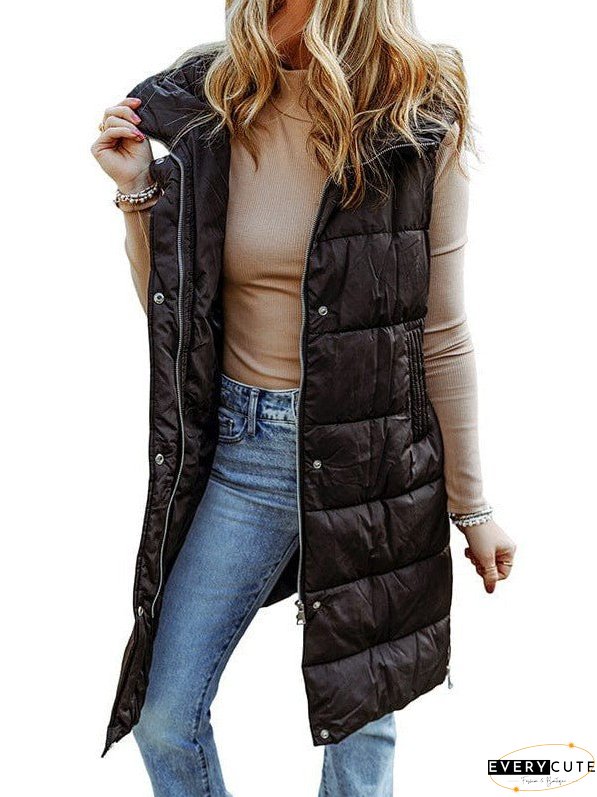 Women's Black Hooded Puffer Vest - Longline