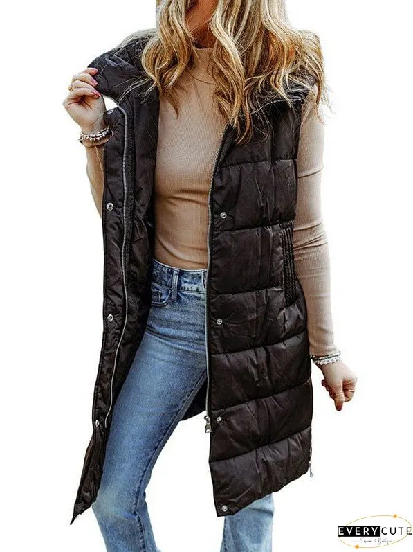 Women's Black Hooded Puffer Vest - Longline