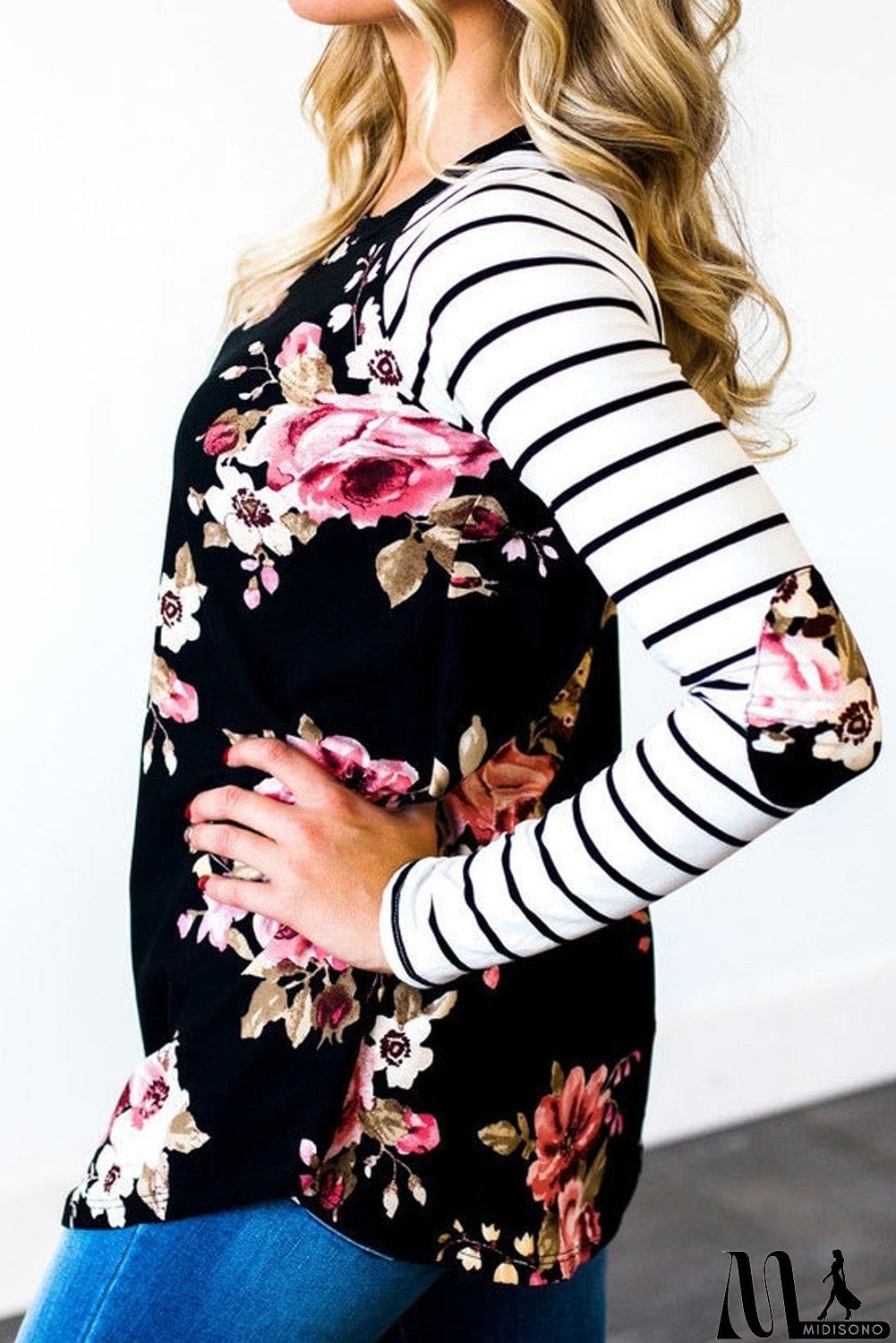 MidiSono - Floral Striped Elbow Patch Baseball Long Sleeve Top