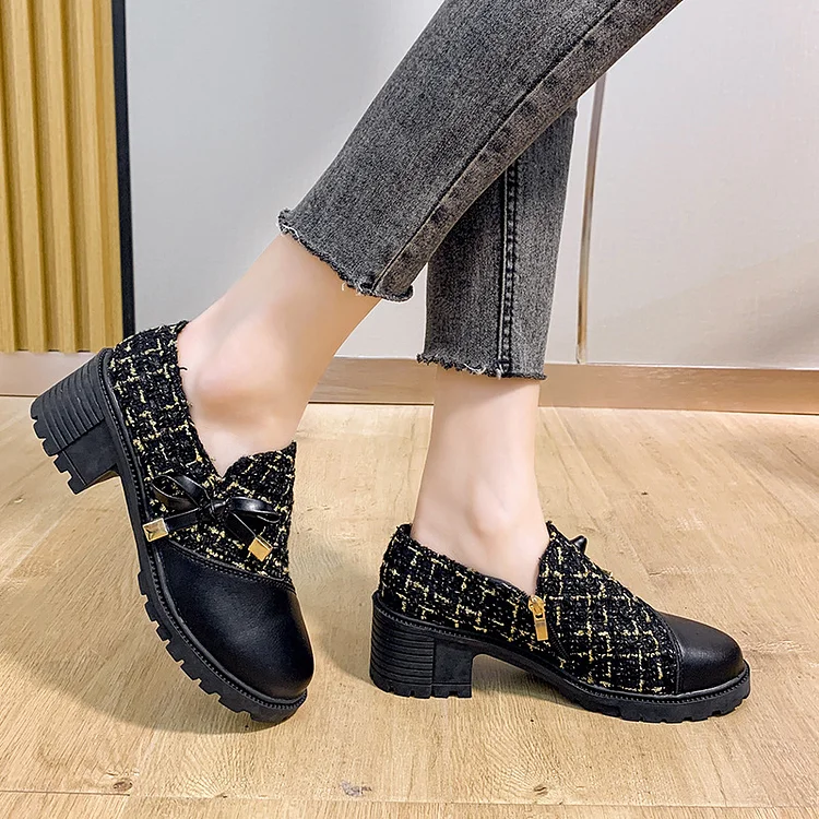 Tweed Patch Bowknot Decor Chunky Heel Loafers shopify Stunahome.com