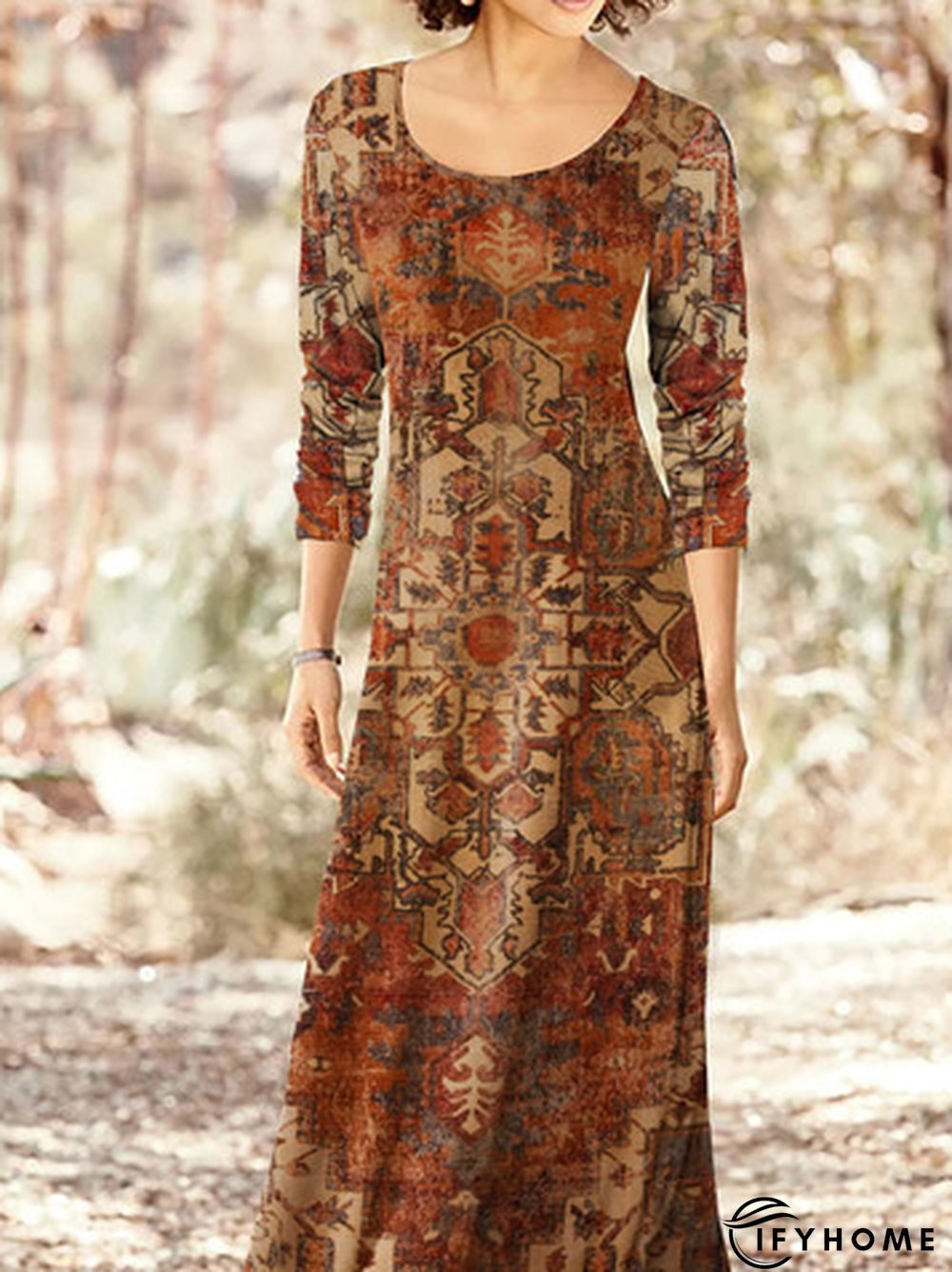 Jersey Ethnic Printed Crew Neck Long Dress | IFYHOME