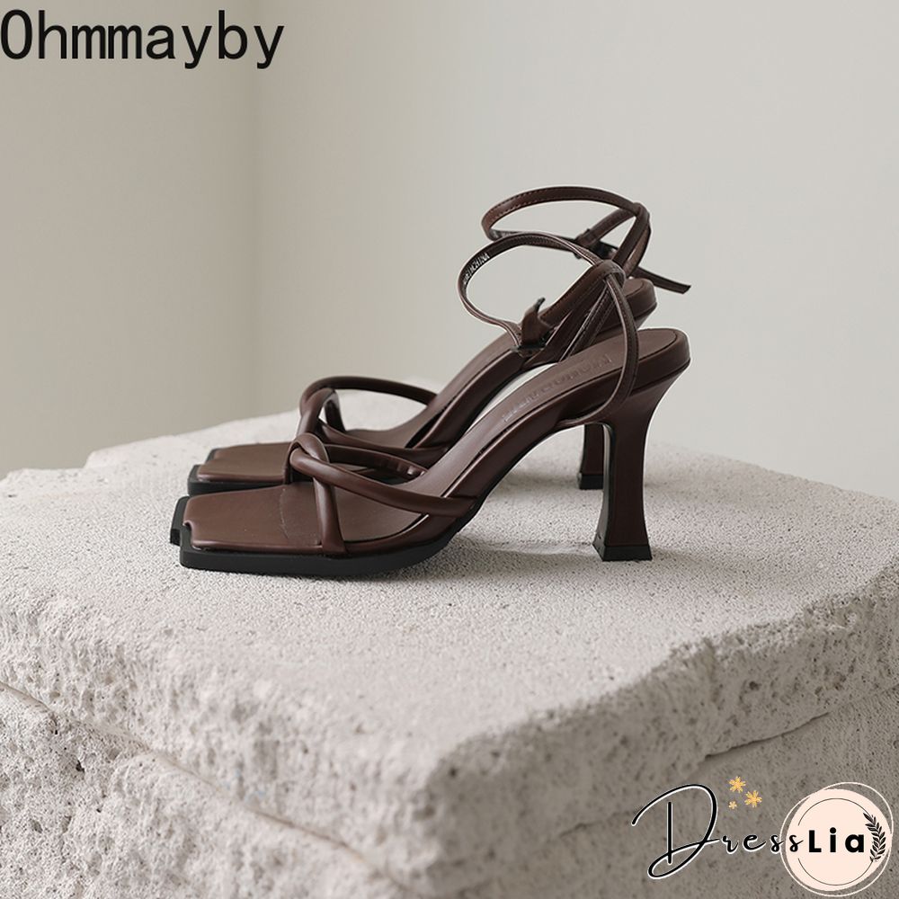 Summer Narrow Band Heel Sandals Women Thick Heel 7 CM Ankle Strap Fashion Square Toe Ladies Dress Sandalias Women's Shoes