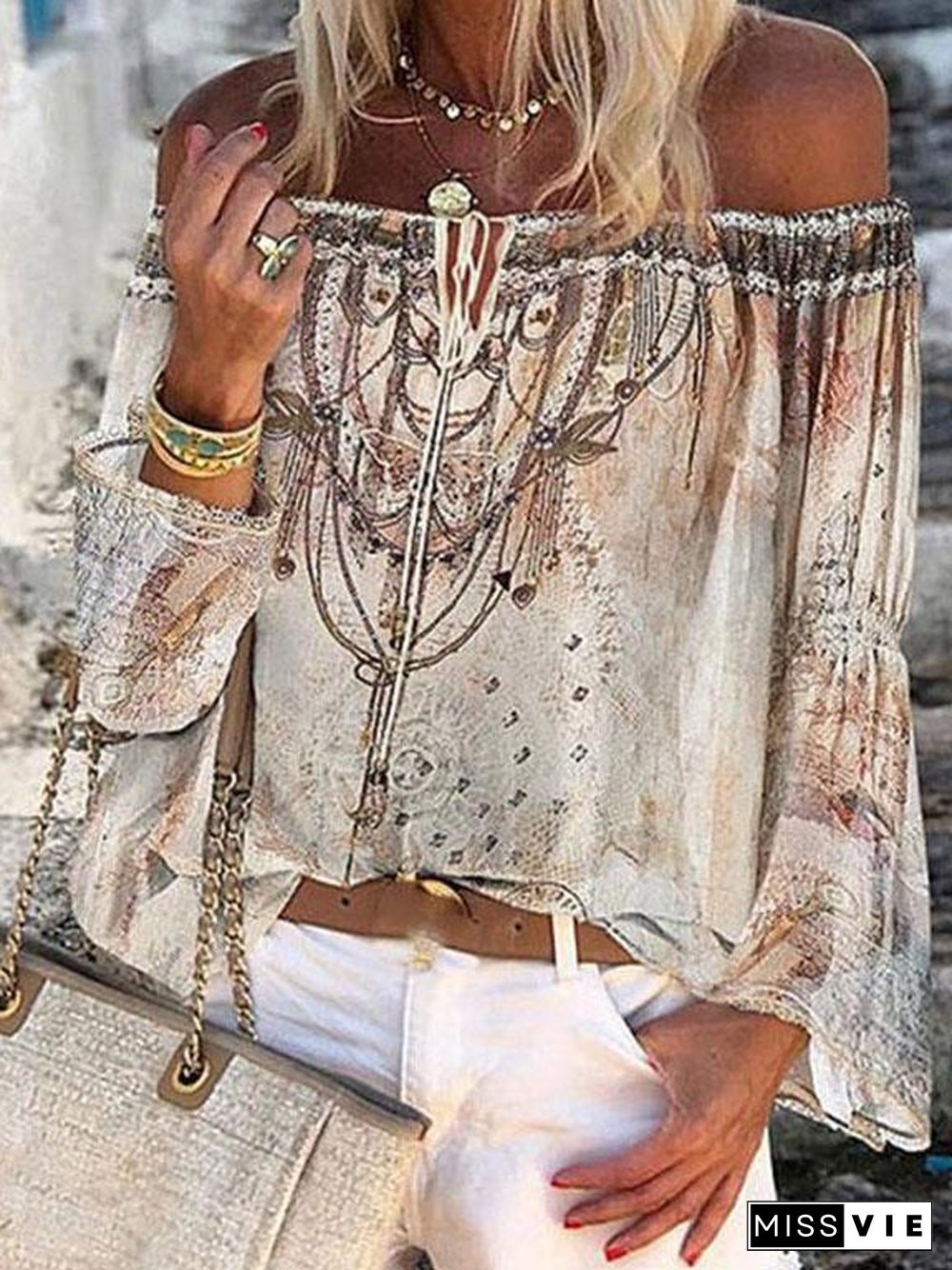 Women's Fashion Print Off-shoulder Top With Flared Sleeves