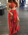 Red Floral High Slit Halter Maxi Chiffon Dress