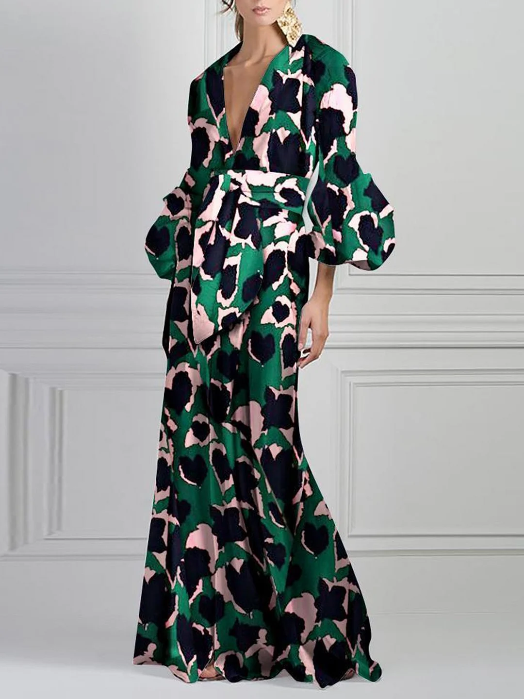 Deep V-Neck Green Summer Holiday Elegant Paneled Maxi Dress