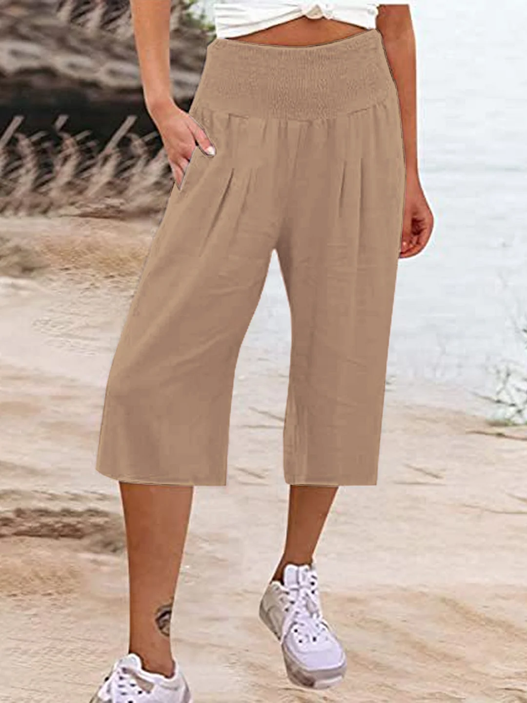 Solid Color Comfortable Cotton and Linen Casual Wide-leg Cropped Pants