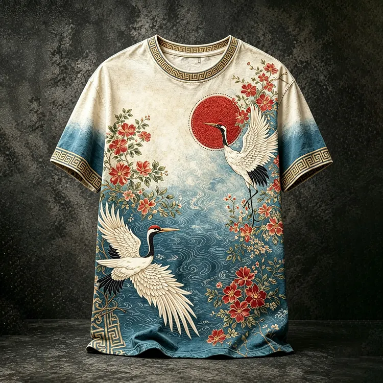 Men's Japanese Art Crane Floral Gradient Cotton Linen Short-sleeve T-shirt
