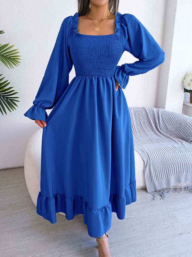 Elegant Party Square Neck Ruffle Long Sleeve Maxi Dress