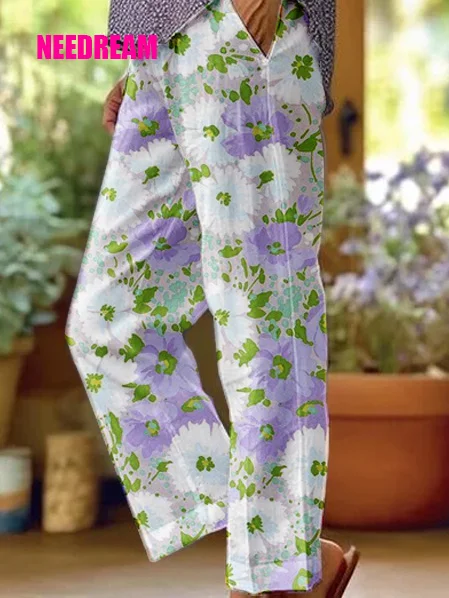 Womens Elegant Floral Pattern Loose Casual Pants (With Pockets)
