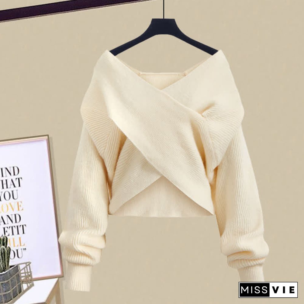 Cross Knit Sweater Flouncing A-line Slip Dress Two Pieces