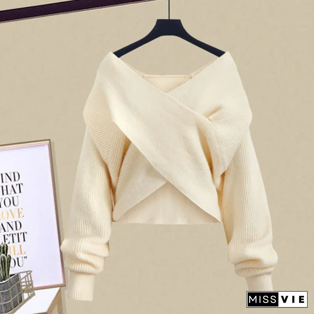 Cross Knit Sweater Flouncing A-line Slip Dress Two Pieces