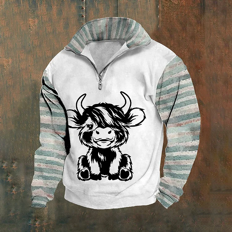 Comstylish Men's Highland Cow Vintage Printed Zipper Fur Collar Sweatshirt