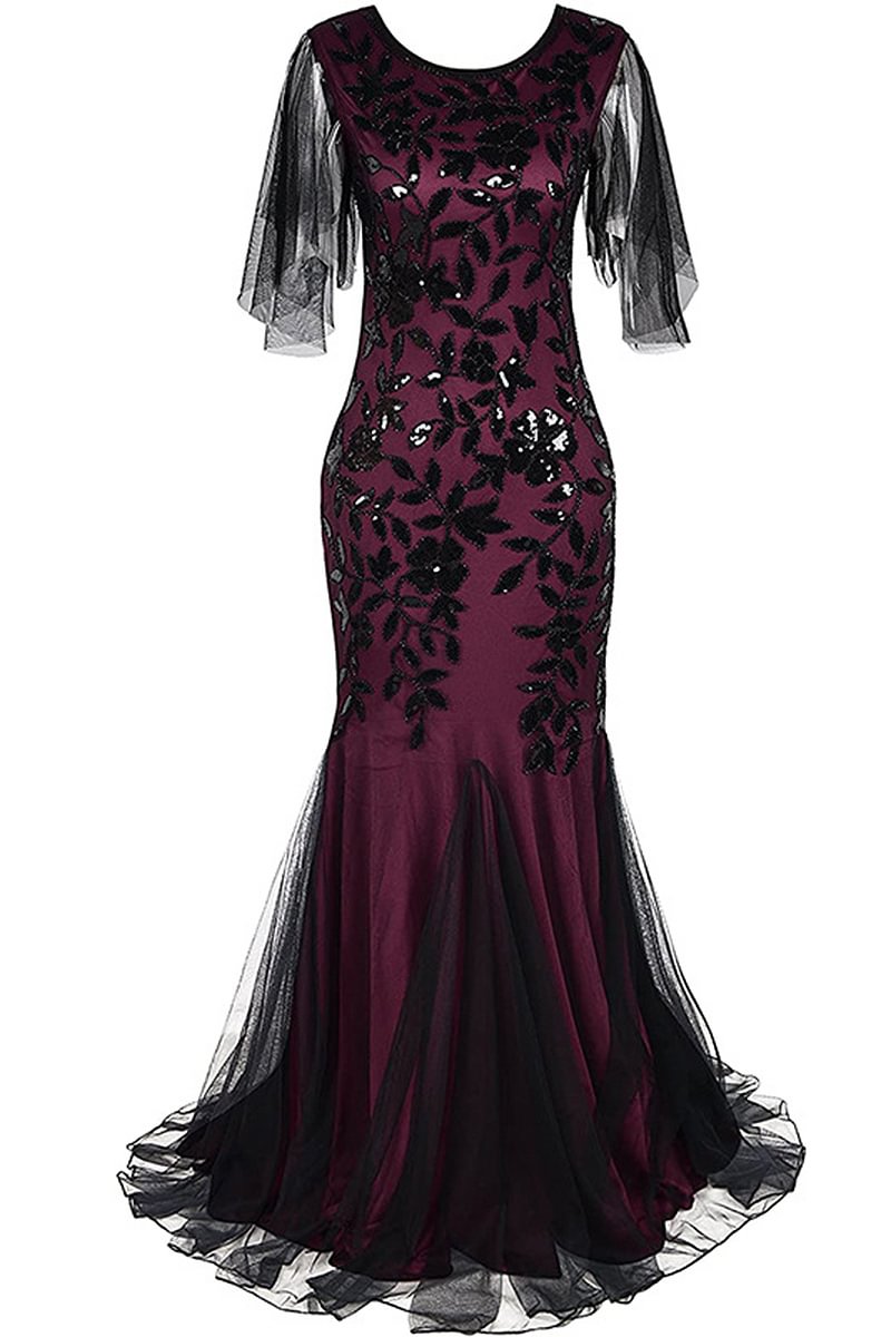 1920s Party Black Wine Sequin Tulle Ruffle Sleeves Tail Maxi Dress