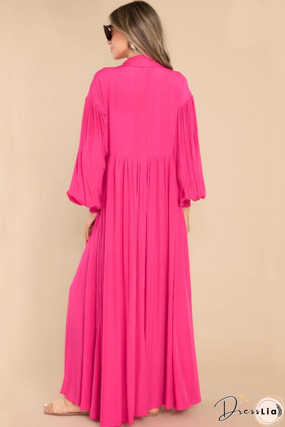 Elegant Rose Balloon Sleeve Maxi Shirt Dress