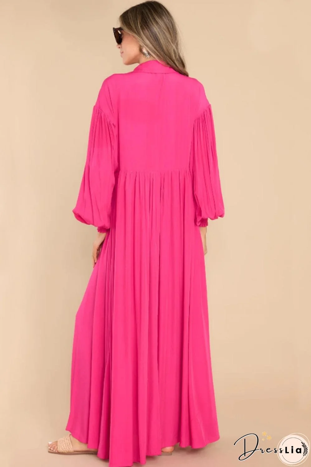 Elegant Rose Balloon Sleeve Maxi Shirt Dress