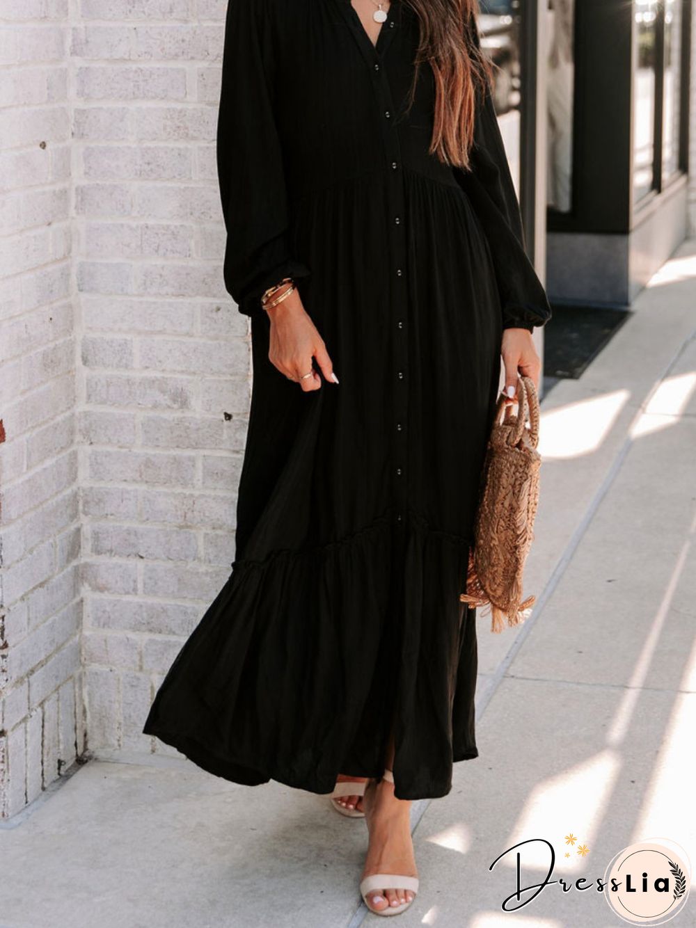 Casual Long Sleeve V Neck Printed Dress