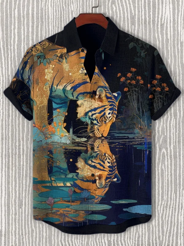 Men's Tiger at Pond Art Print Short Sleeve Casual Shirt
