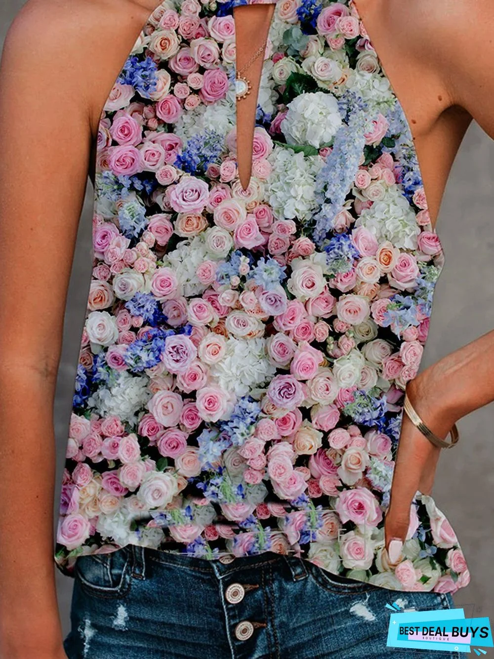 Floral Casual Floral-Print Sleeveless Tops