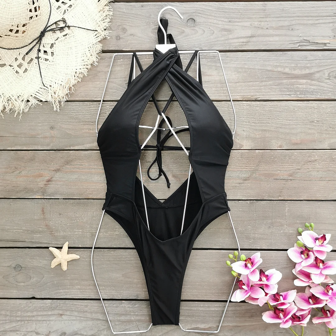 Uveng 2025 New Solid-Color Swimsuit Female Slebs Hollow Cross-Band Export Bikini