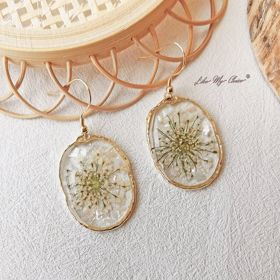 LikeMyChoice® Pressed Flower Earrings - Queen Anne's Lace Flowers Ovar