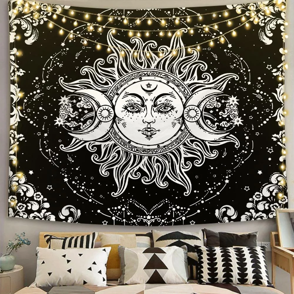 Dropshipping Tarot White Black Sun And Moon Wall Hanging Tapestry Gossip Hippie Rugs Dorm Decor Mandala Bedspread Bedroom Decor