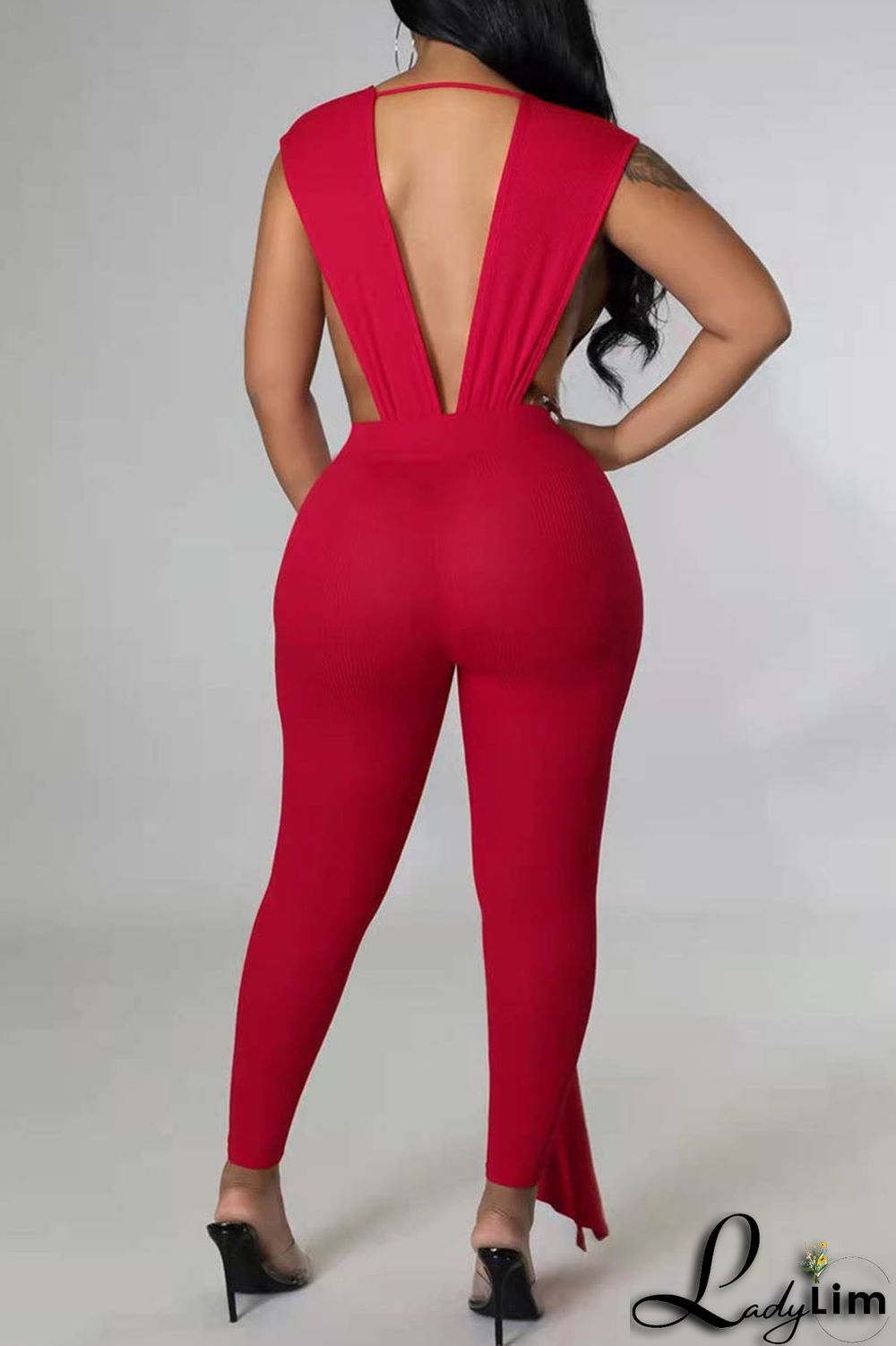 Rose Red Fashion Sexy Solid Patchwork Backless V Neck Skinny Jumpsuits