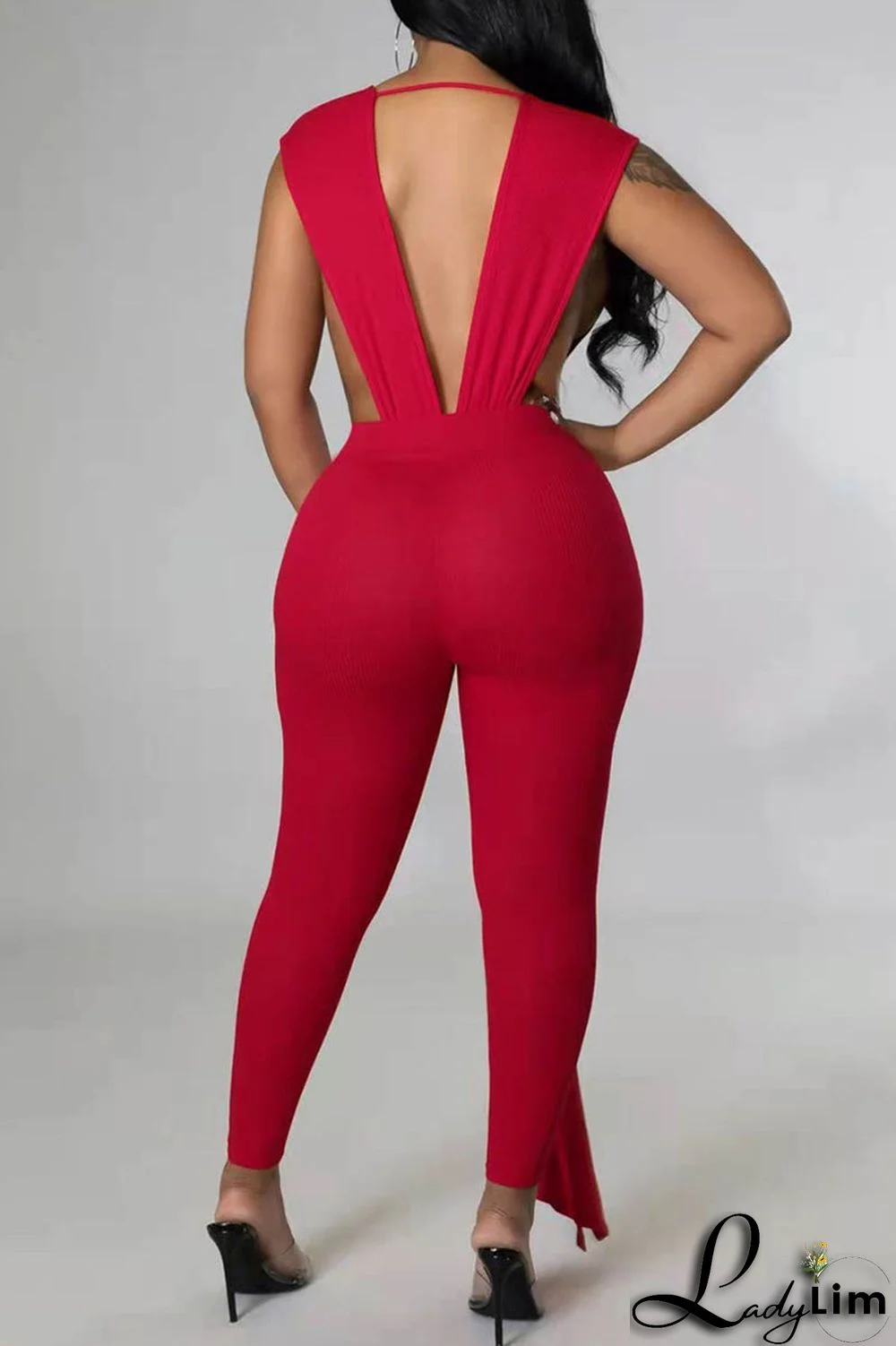 Rose Red Fashion Sexy Solid Patchwork Backless V Neck Skinny Jumpsuits