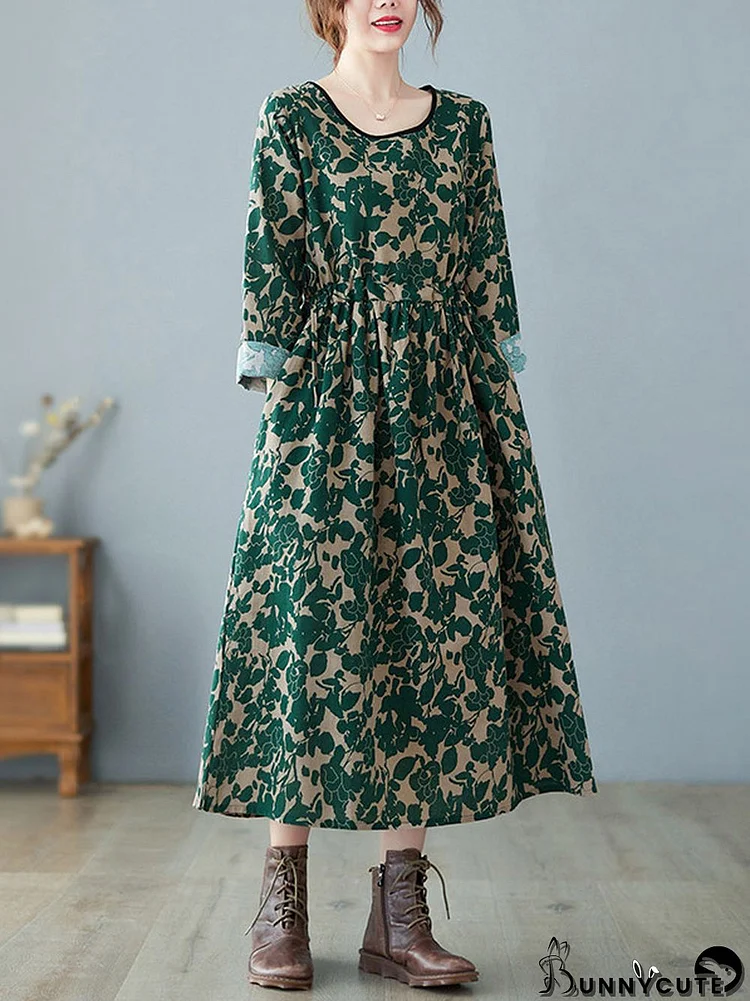 Artistic Retro Ramie Cotton Floral Printed Pleated Round-Neck Long Sleeves Midi Dress