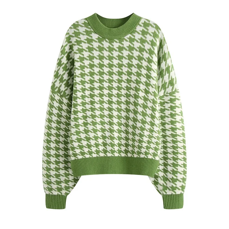 KPYTOMOA Women 2020 Fashion Oversized Jumper Houndstooth Knitted Sweaters Vintage Long Sleeve Loose Female Pullovers Chic Tops