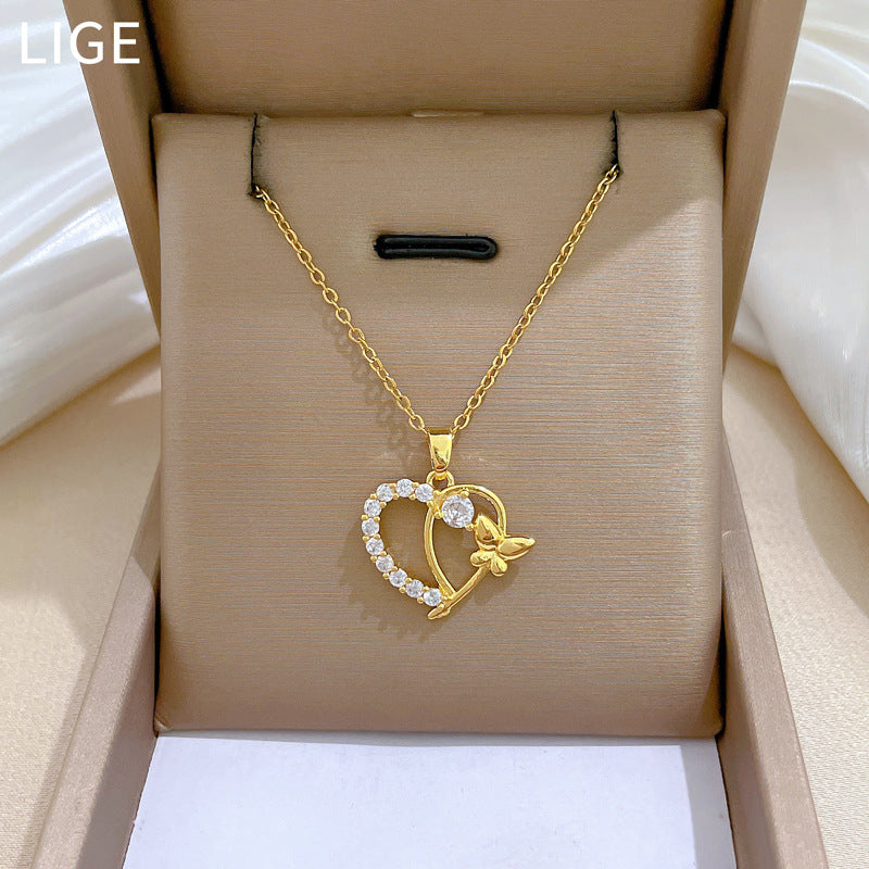 Geometric Love Butterfly Micro-Inlaid Diamond Cute Necklace Female Fashion Personality Clavicle Chain
