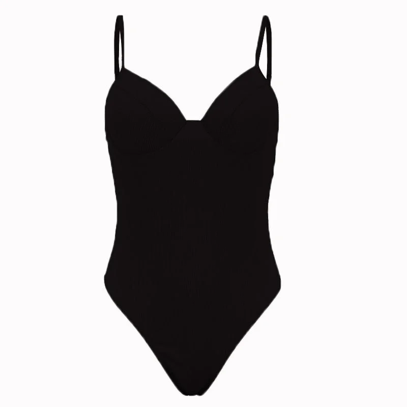 INGAGA Sexy Push Up Swimsuit One Piece Ribbed Swimwear Women 2022 High Cut Bodysuit Women Solid Bathing Suits Straps Beachwear