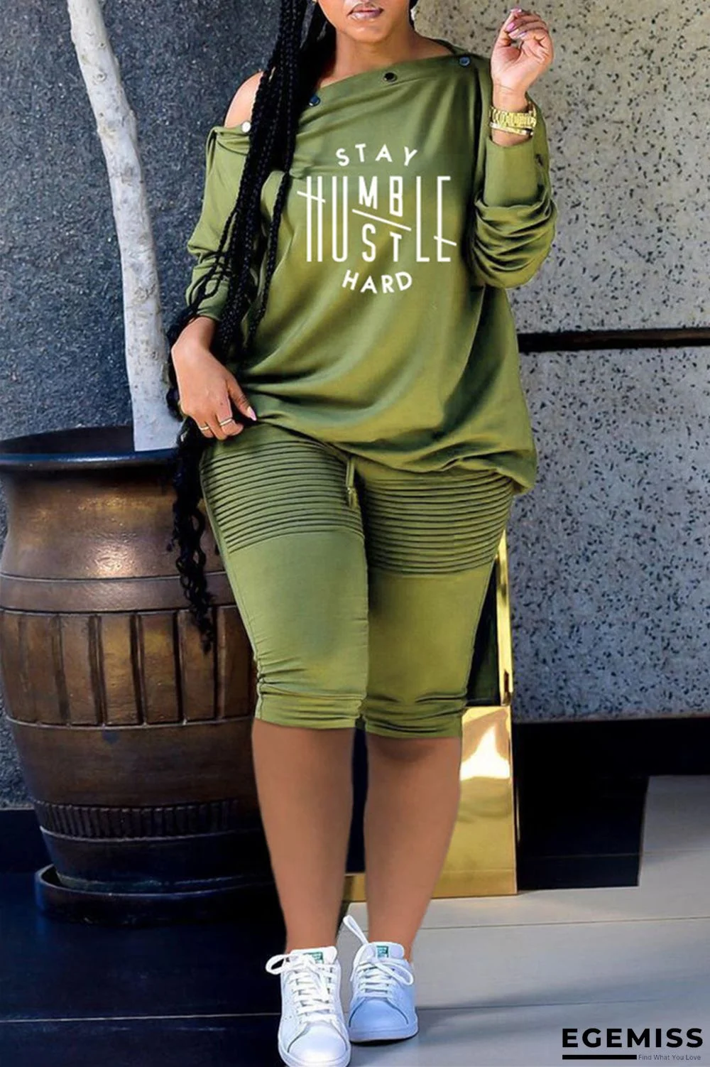 Green Fashion Casual Print Basic Oblique Collar Long Sleeve Two Pieces | EGEMISS