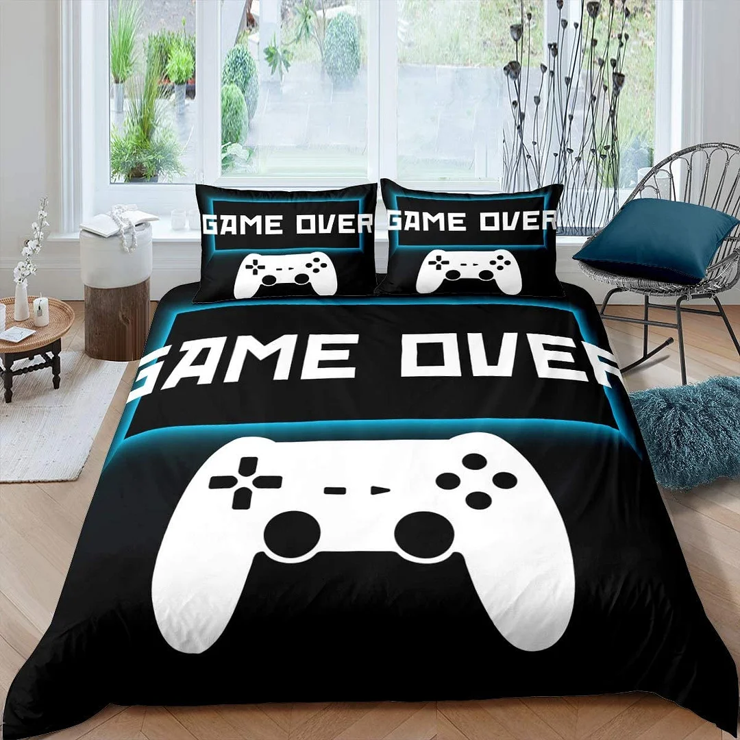 Gamepad Bedding Set for Boys Gamer Comforter Cover Game Duvet Cover，Bule Game Over Set - vzzhome